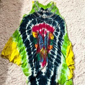 Rainbow Tie Dye Butterfly Hippie Vivid Patchouli Embroidered Oversized Dress